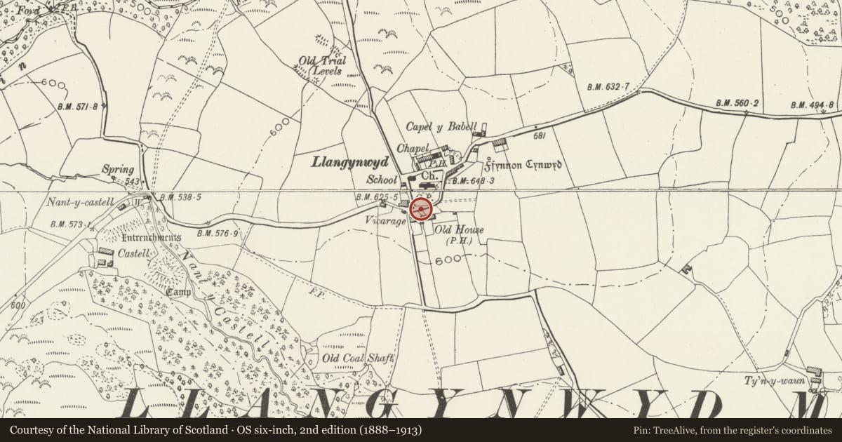 Ordnance Survey six-inch map, 2nd edition (1888–1913) covering the location of Telephone call box in front of the Old House PH, Llangynwyd Middle, Bridgend, with a pin at the register's coordinates