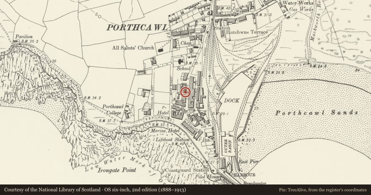 Ordnance Survey six-inch map, 2nd edition (1888–1913) covering the location of The Old Police Station, Porthcawl, Bridgend, with a pin at the register's coordinates