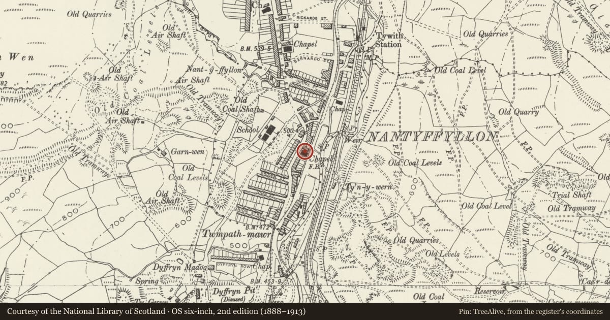 Ordnance Survey six-inch map, 2nd edition (1888–1913) covering the location of Siloh Independent Chapel, Maesteg, Bridgend, with a pin at the register's coordinates