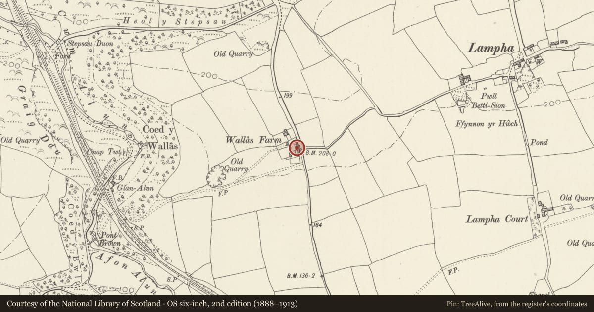 Ordnance Survey six-inch map, 2nd edition (1888–1913) covering the location of Barn and attached ranges at Wallas Farm, Ewenny, Vale of Glamorgan, with a pin at the register's coordinates