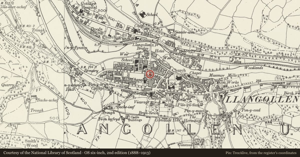 Ordnance Survey six-inch map, 2nd edition (1888–1913) covering the location of J & C Burnetts Spinnaker Restaurant, Llangollen, Denbighshire, with a pin at the register's coordinates
