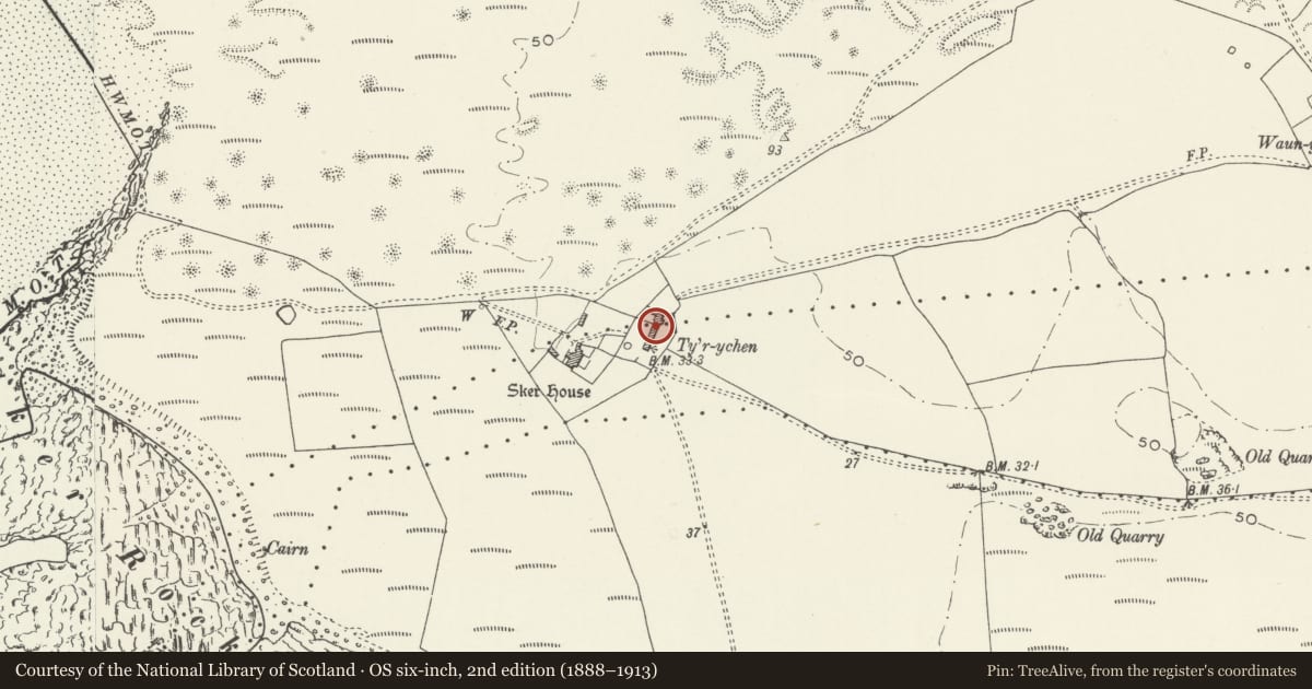 Ordnance Survey six-inch map, 2nd edition (1888–1913) covering the location of Ty-yr-ychen, also known as Sker House farm buildings, Cornelly, Bridgend, with a pin at the register's coordinates