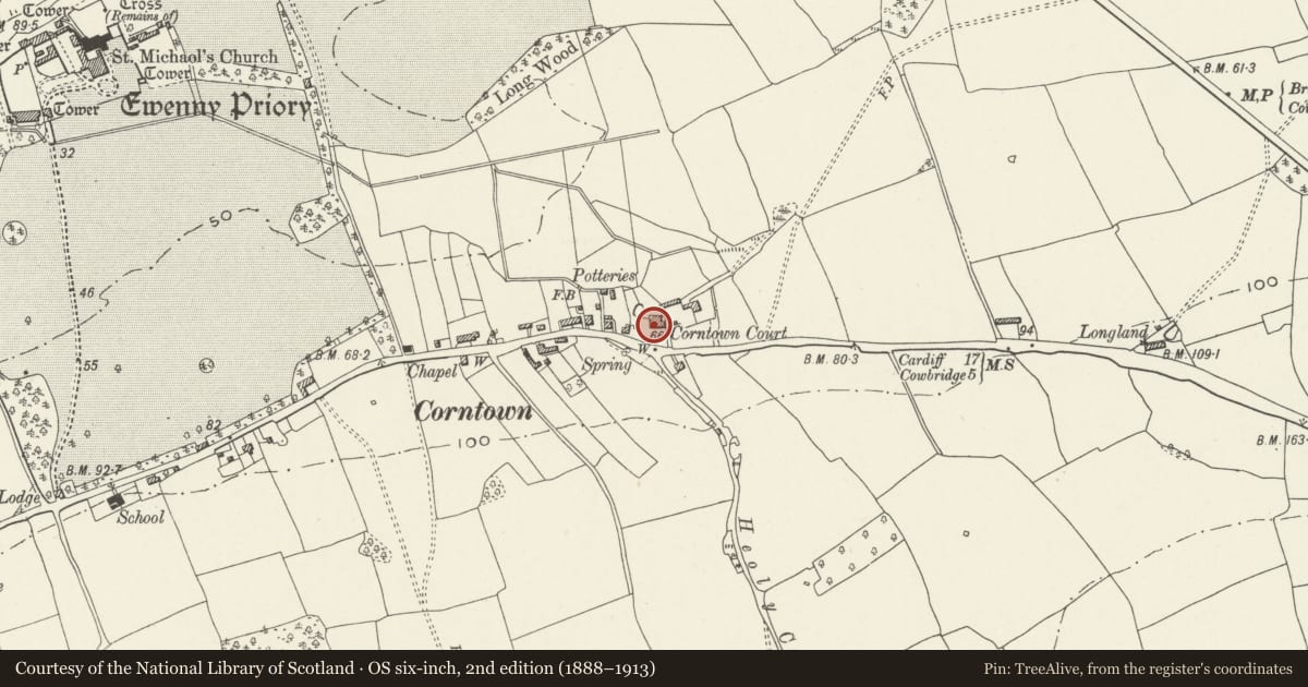 Ordnance Survey six-inch map, 2nd edition (1888–1913) covering the location of Corntown Court, Ewenny, Vale of Glamorgan, with a pin at the register's coordinates