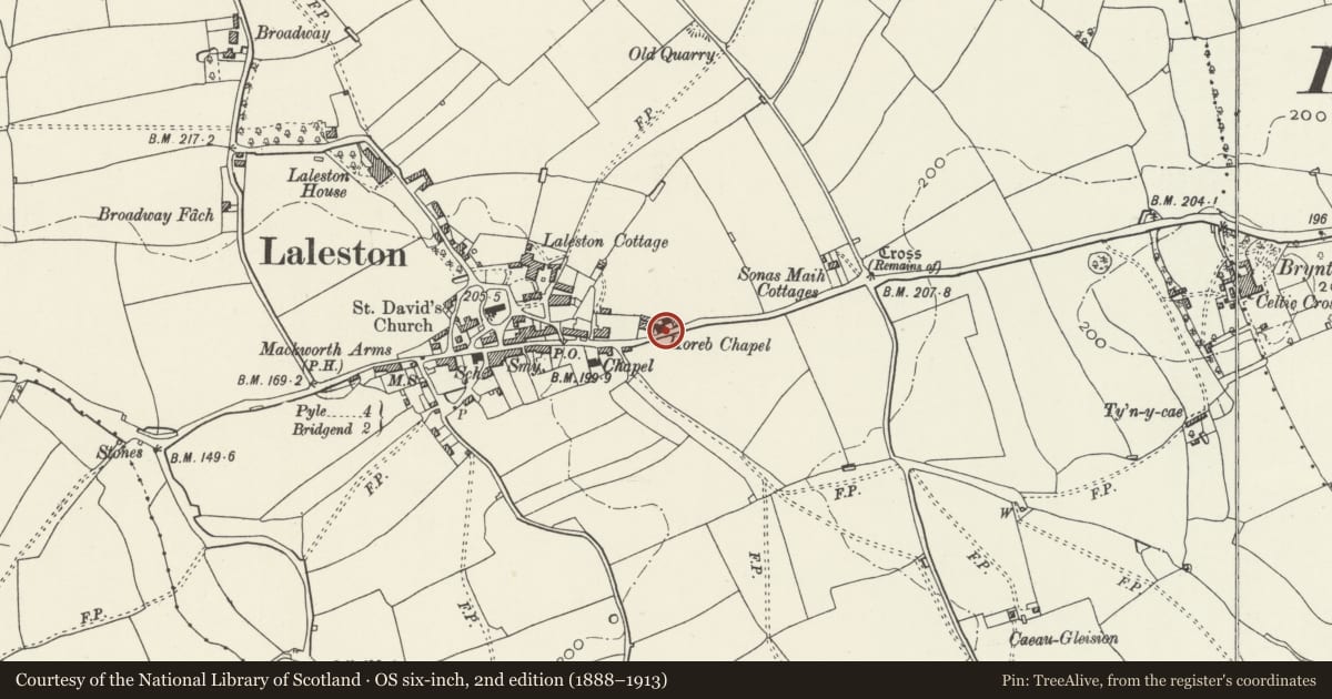 Ordnance Survey six-inch map, 2nd edition (1888–1913) covering the location of Former Horeb Welsh Presbyterian Church, Laleston, Bridgend, with a pin at the register's coordinates