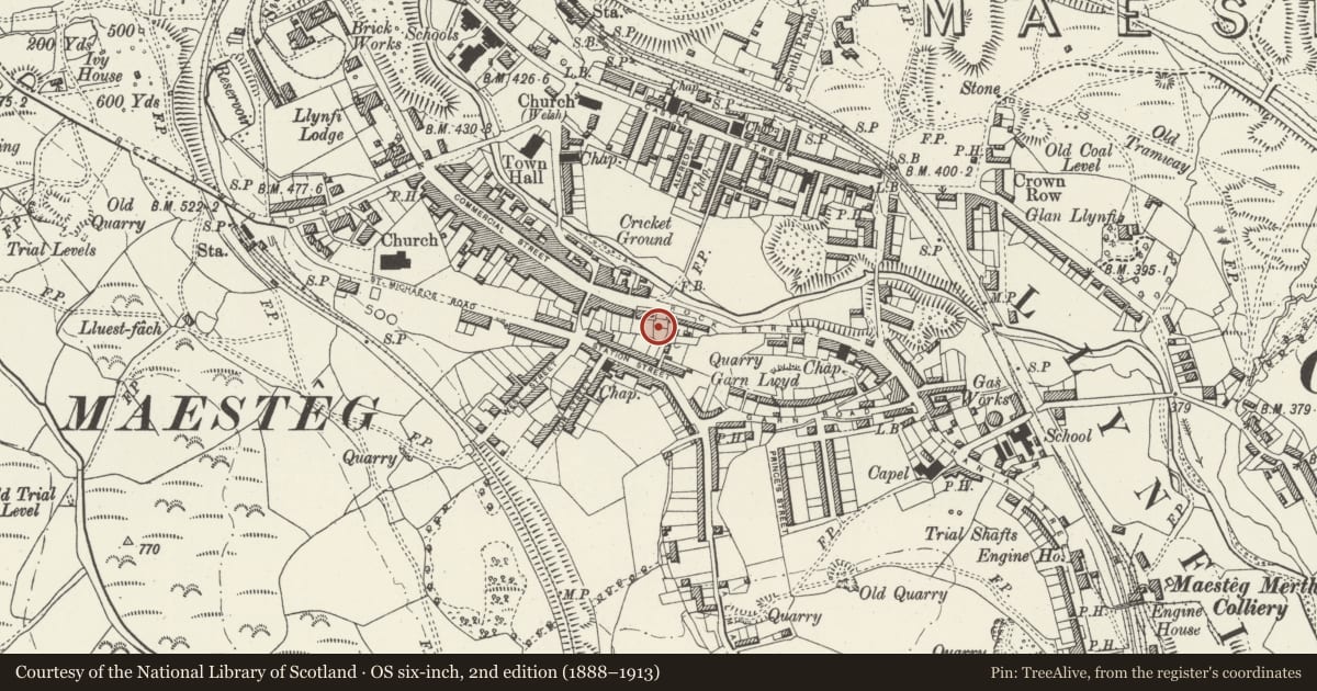 Ordnance Survey six-inch map, 2nd edition (1888–1913) covering the location of Tabor Eglwys Presbyteriadd Cymru, Maesteg, Bridgend, with a pin at the register's coordinates