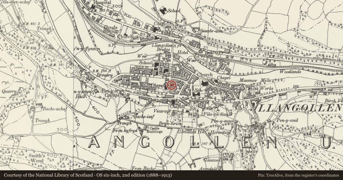 Ordnance Survey six-inch map, 2nd edition (1888–1913) covering the location of Welsh Crafts & Gifts, Llangollen, Denbighshire, with a pin at the register's coordinates