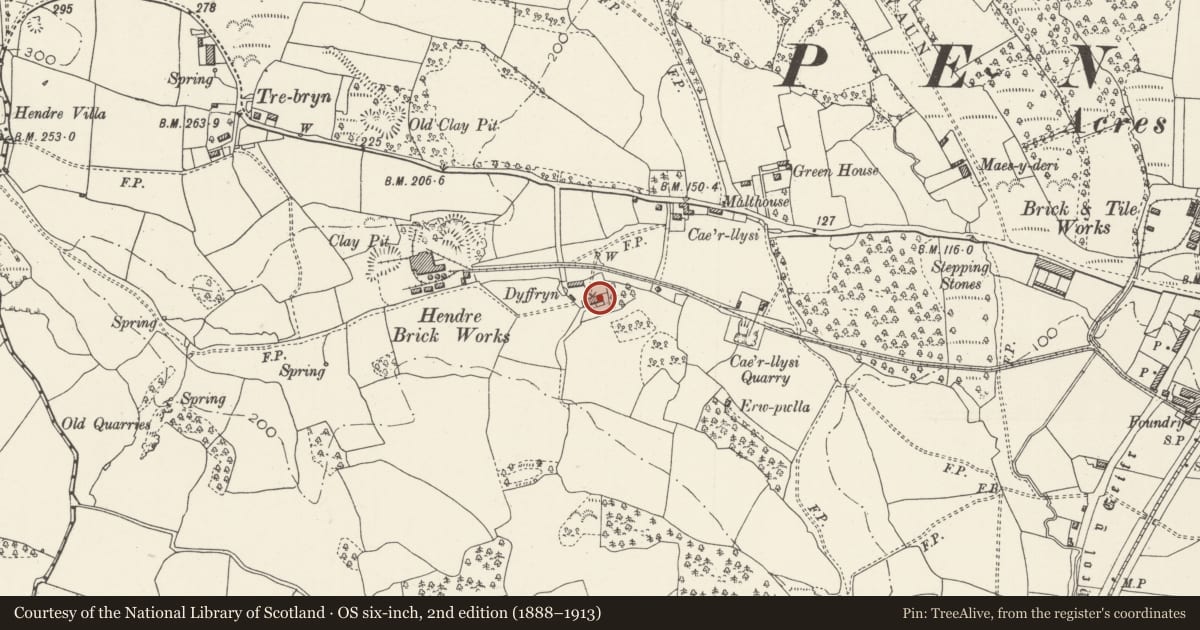 Ordnance Survey six-inch map, 2nd edition (1888–1913) covering the location of Dyffryn Farmhouse, Pencoed, Bridgend, with a pin at the register's coordinates