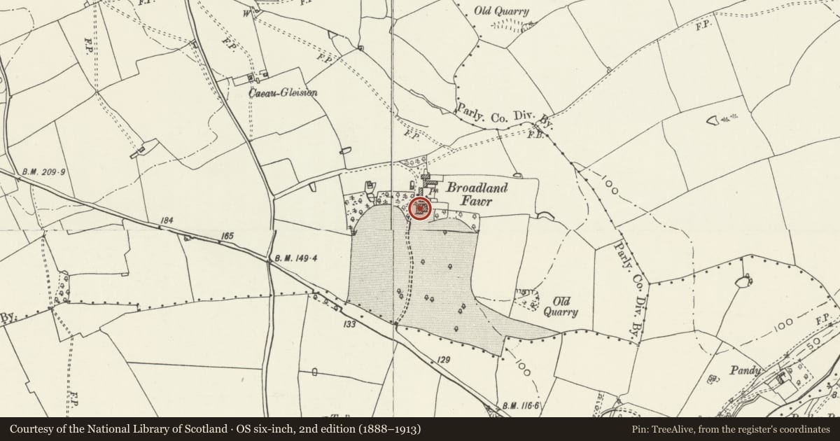 Ordnance Survey six-inch map, 2nd edition (1888–1913) covering the location of Broadlands House, Laleston, Bridgend, with a pin at the register's coordinates