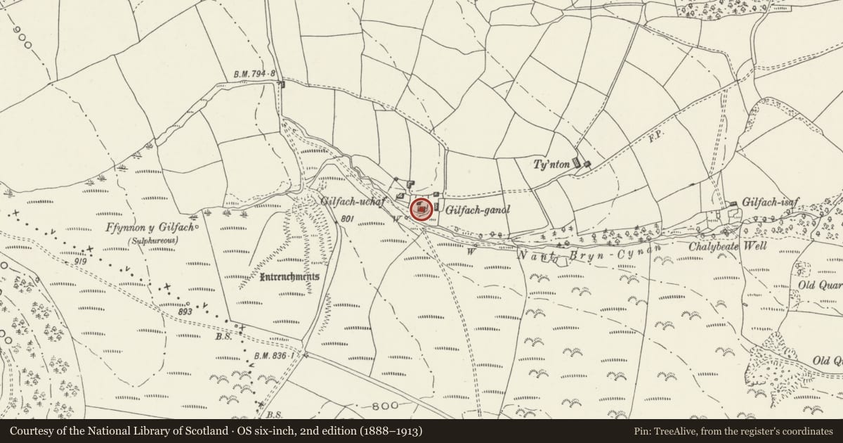 Ordnance Survey six-inch map, 2nd edition (1888–1913) covering the location of Gilfach-ganol farmhouse, Llangynwyd Middle, Bridgend, with a pin at the register's coordinates