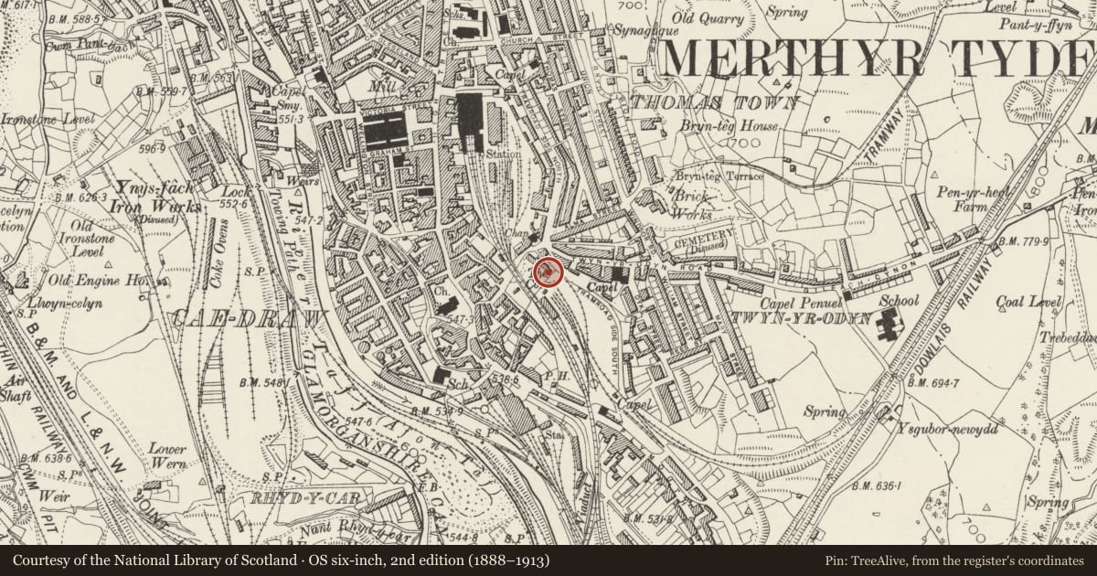 Ordnance Survey six-inch map, 2nd edition (1888–1913) covering the location of The Court House, Town, Merthyr Tydfil, with a pin at the register's coordinates