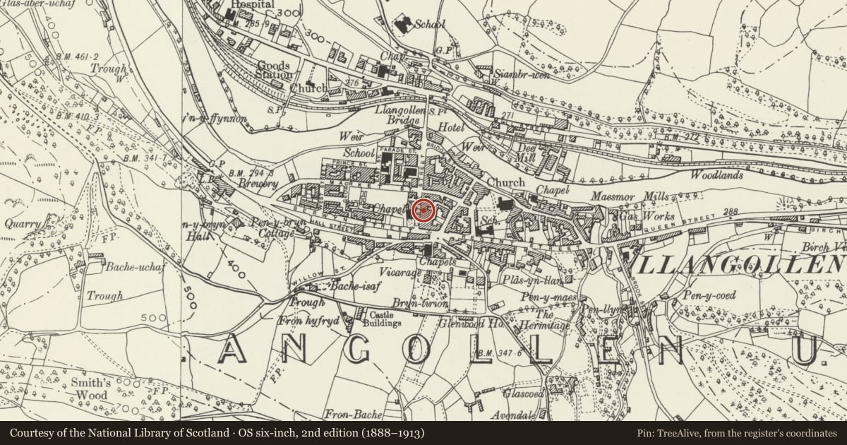 Ordnance Survey six-inch map, 2nd edition (1888–1913) covering the location of Williams & Morgan, Llangollen, Denbighshire, with a pin at the register's coordinates