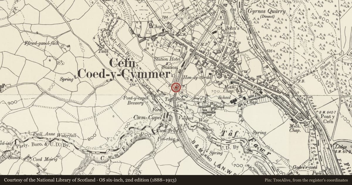 Ordnance Survey six-inch map, 2nd edition (1888–1913) covering the location of Cefn Railway Viaduct (part in Vaynor Community), Merthyr Tydfil, with a pin at the register's coordinates