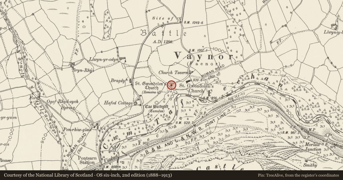 Ordnance Survey six-inch map, 2nd edition (1888–1913) covering the location of Tower of Old Church of St Gwynno, Vaynor, Merthyr Tydfil, with a pin at the register's coordinates