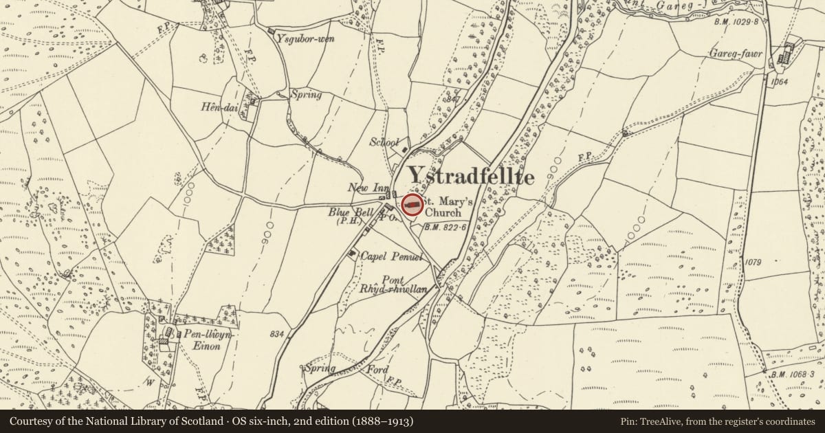Ordnance Survey six-inch map, 2nd edition (1888–1913) covering the location of Church of Saint Mary, Ystradfellte, Powys, with a pin at the register's coordinates