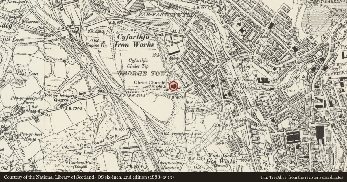 Ordnance Survey six-inch map, 2nd edition (1888–1913) covering the location of Christ Church, Park, Merthyr Tydfil, with a pin at the register's coordinates