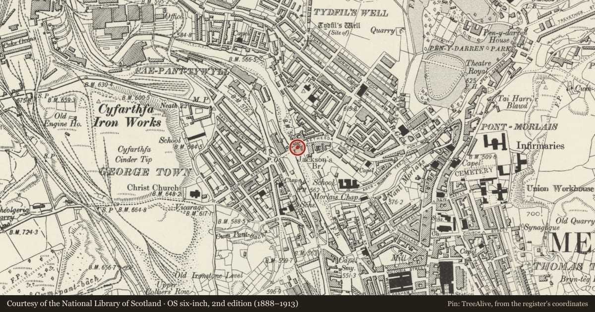 Ordnance Survey six-inch map, 2nd edition (1888–1913) covering the location of Jackson's Bridge, Park, Merthyr Tydfil, with a pin at the register's coordinates