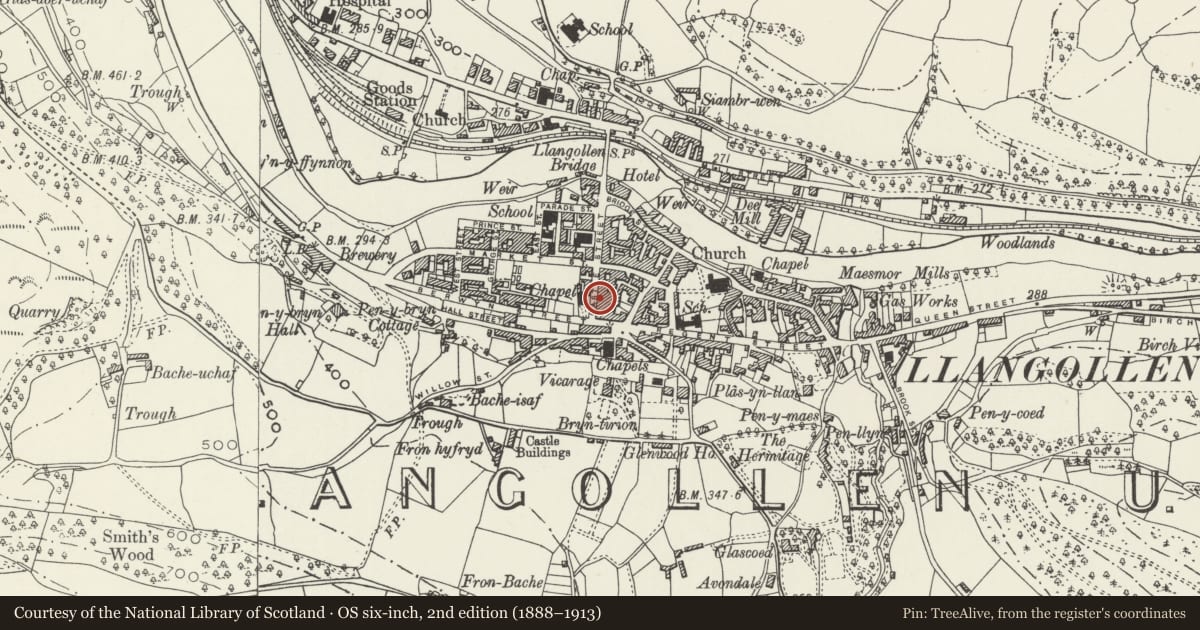 Ordnance Survey six-inch map, 2nd edition (1888–1913) covering the location of Avery's, Llangollen, Denbighshire, with a pin at the register's coordinates