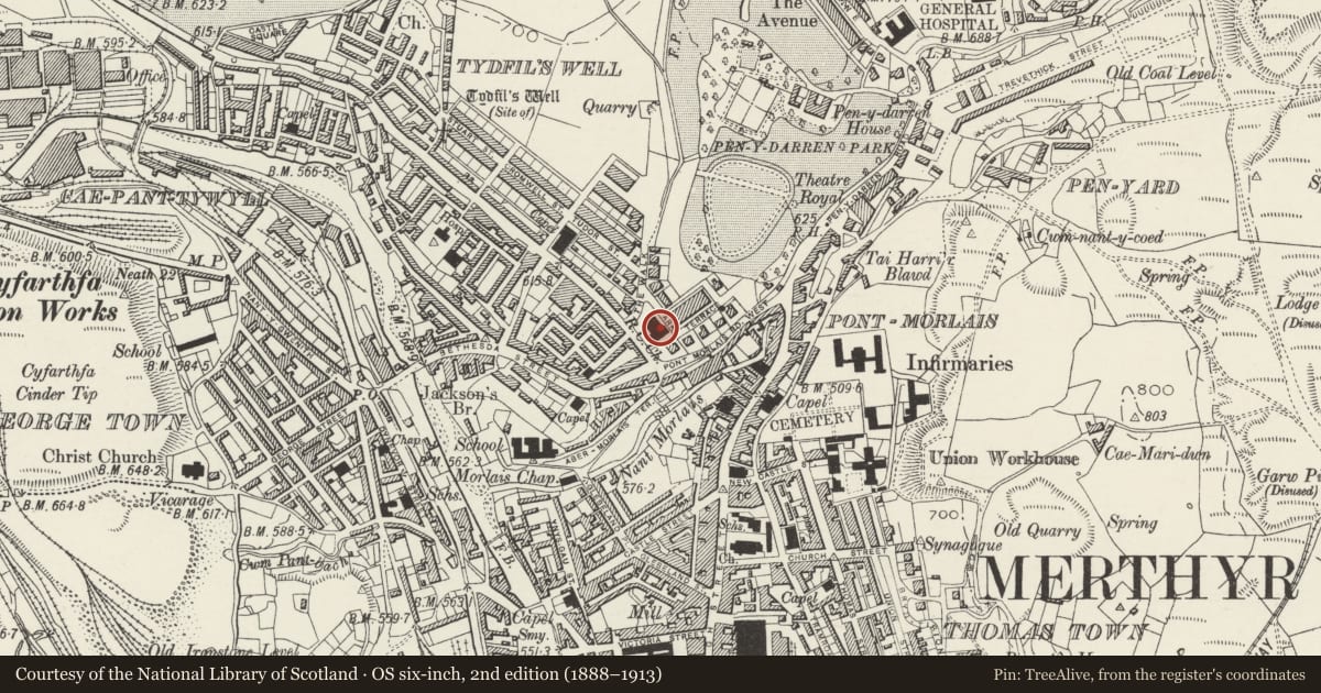 Ordnance Survey six-inch map, 2nd edition (1888–1913) covering the location of Catholic Church of St Mary including attached presbytery, Park, Merthyr Tydfil, with a pin at the register's coordinates