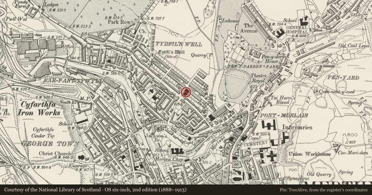 Ordnance Survey six-inch map, 2nd edition (1888–1913) covering the location of Capel Tabernacl (Welsh Baptist Church), Park, Merthyr Tydfil, with a pin at the register's coordinates