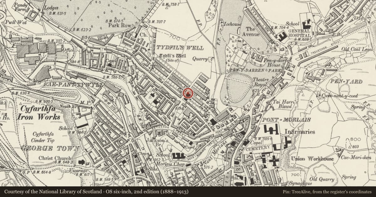 Ordnance Survey six-inch map, 2nd edition (1888–1913) covering the location of Church Hall at Capel Tabernacl, Park, Merthyr Tydfil, with a pin at the register's coordinates