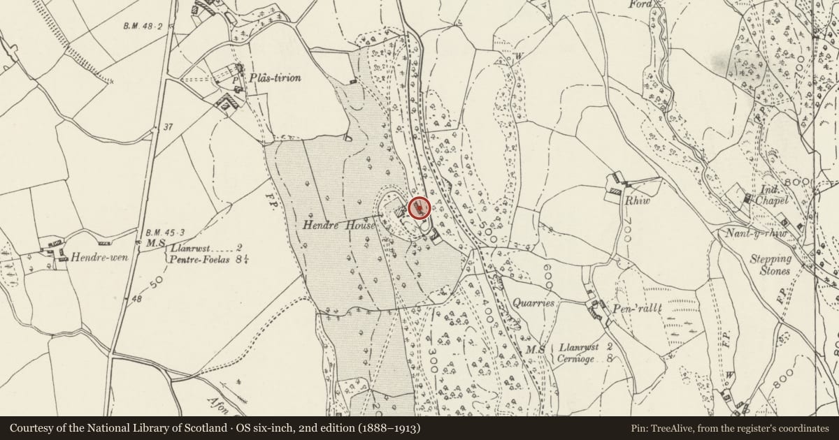 Ordnance Survey six-inch map, 2nd edition (1888–1913) covering the location of Coach House at Hendre House, Bro Garmon, Conwy, with a pin at the register's coordinates