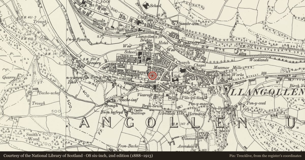 Ordnance Survey six-inch map, 2nd edition (1888–1913) covering the location of Cegin Collen, Llangollen, Denbighshire, with a pin at the register's coordinates