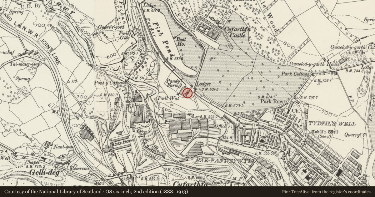 Ordnance Survey six-inch map, 2nd edition (1888–1913) covering the location of Clock Tower at Pandy Farm, Park, Merthyr Tydfil, with a pin at the register's coordinates