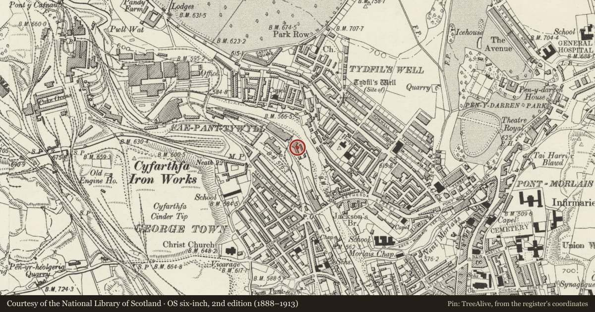 Ordnance Survey six-inch map, 2nd edition (1888–1913) covering the location of 1 Chapel Row, Park, Merthyr Tydfil, with a pin at the register's coordinates