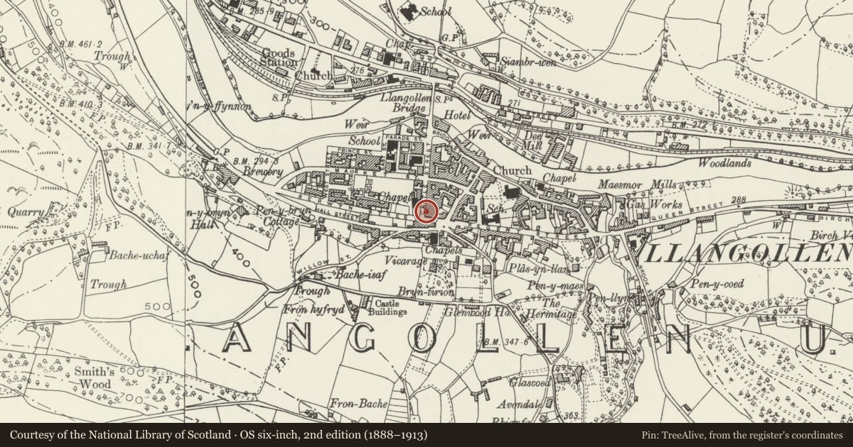 Ordnance Survey six-inch map, 2nd edition (1888–1913) covering the location of Silver Palace Takeaway, Llangollen, Denbighshire, with a pin at the register's coordinates