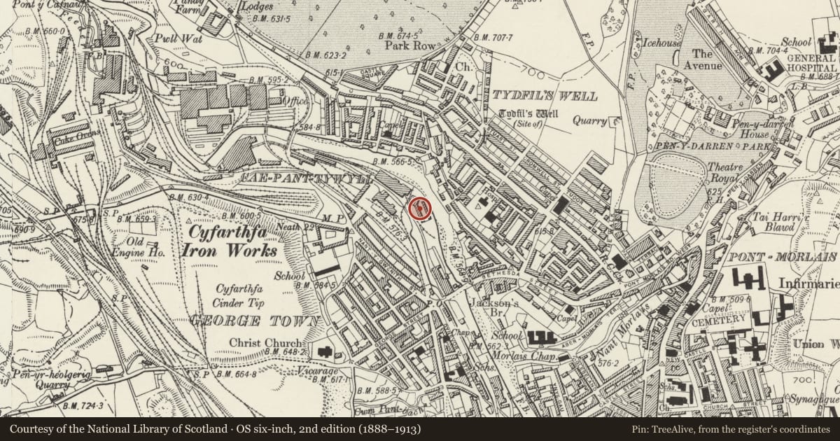 Ordnance Survey six-inch map, 2nd edition (1888–1913) covering the location of 2 Chapel Row, Park, Merthyr Tydfil, with a pin at the register's coordinates