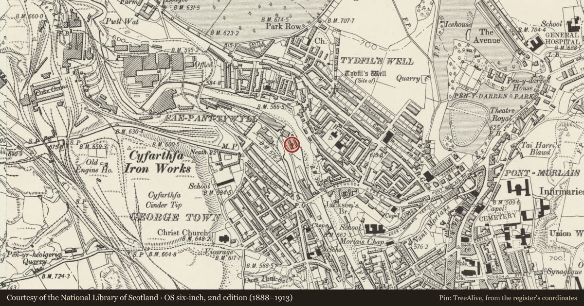 Ordnance Survey six-inch map, 2nd edition (1888–1913) covering the location of 4 Chapel Row, Park, Merthyr Tydfil, with a pin at the register's coordinates