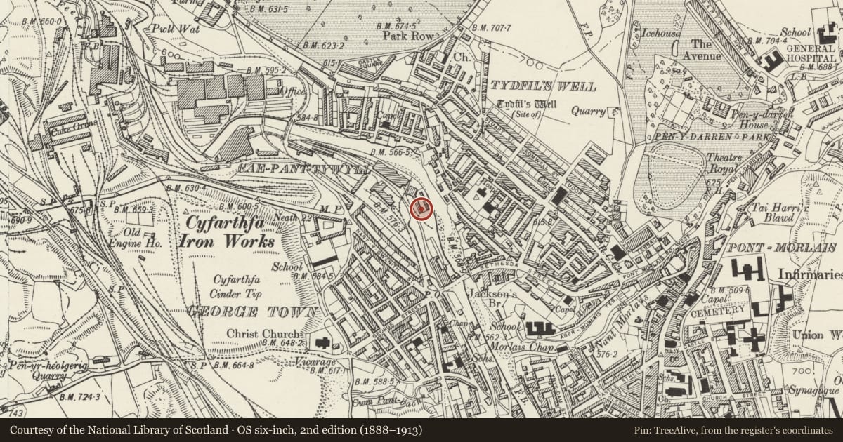 Ordnance Survey six-inch map, 2nd edition (1888–1913) covering the location of 5 Chapel Row, Park, Merthyr Tydfil, with a pin at the register's coordinates
