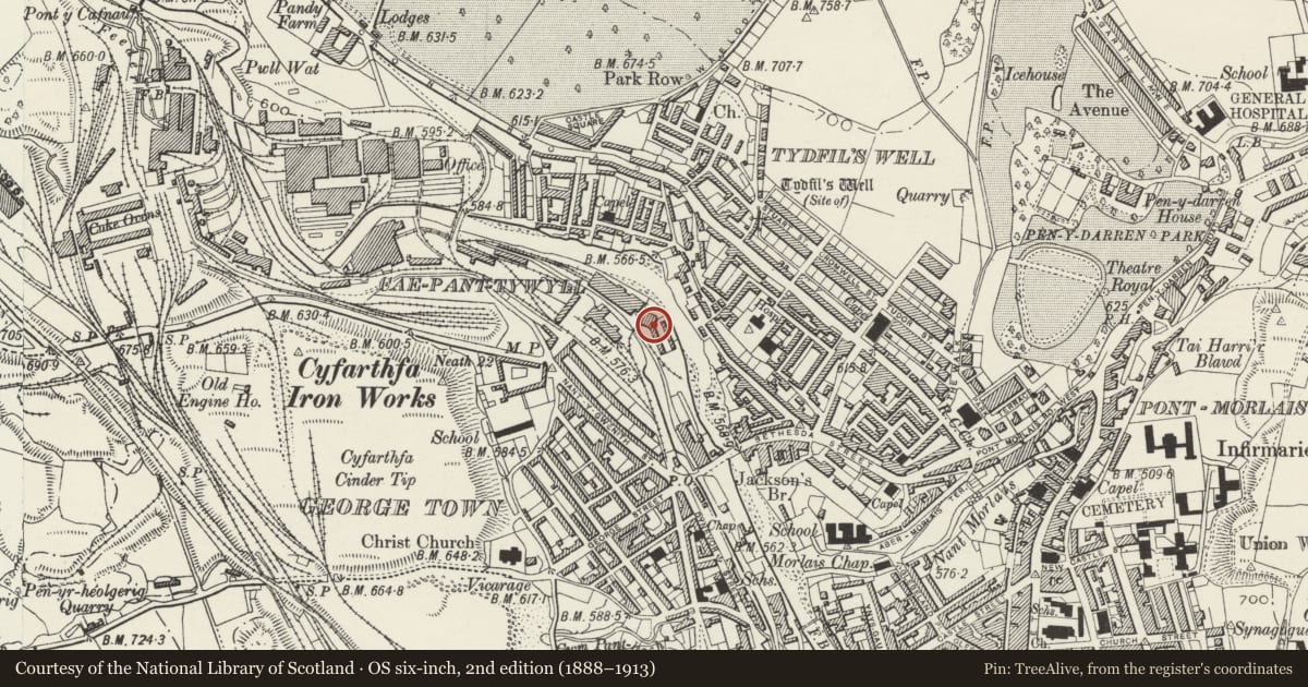 Ordnance Survey six-inch map, 2nd edition (1888–1913) covering the location of Remains of chapel/Warehouse at the end of Chapel Row, Park, Merthyr Tydfil, with a pin at the register's coordinates