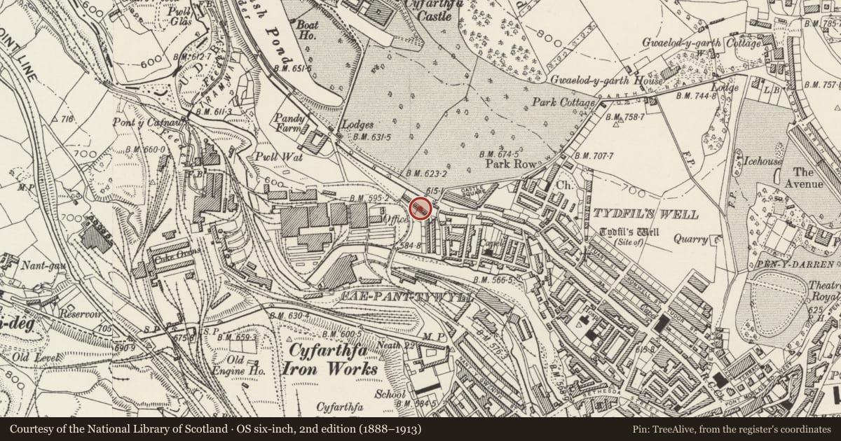 Ordnance Survey six-inch map, 2nd edition (1888–1913) covering the location of 24 Cyfartha Road, Park, Merthyr Tydfil, with a pin at the register's coordinates