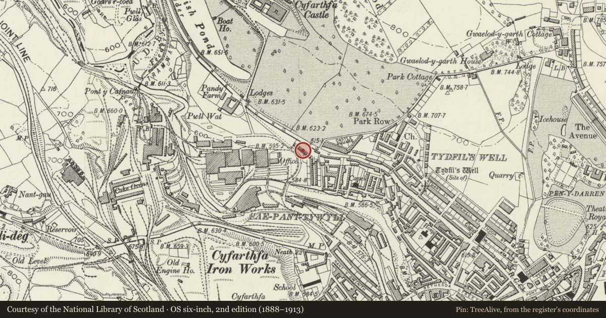 Ordnance Survey six-inch map, 2nd edition (1888–1913) covering the location of 26 Cyfartha Road, Park, Merthyr Tydfil, with a pin at the register's coordinates