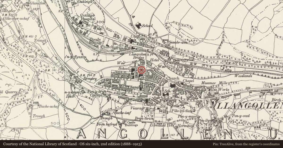 Ordnance Survey six-inch map, 2nd edition (1888–1913) covering the location of Town Hall, Llangollen, Denbighshire, with a pin at the register's coordinates