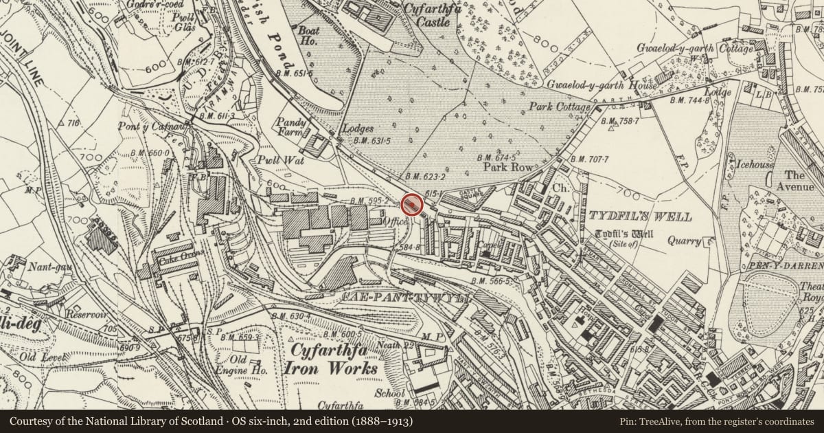 Ordnance Survey six-inch map, 2nd edition (1888–1913) covering the location of 27 Cyfartha Road, Park, Merthyr Tydfil, with a pin at the register's coordinates