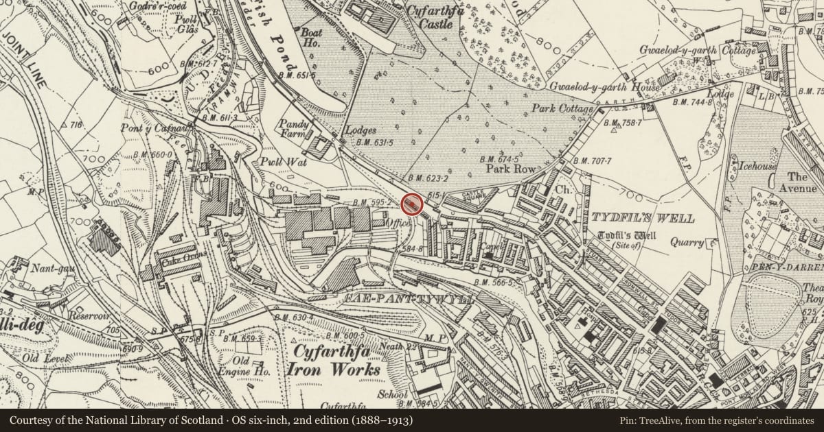 Ordnance Survey six-inch map, 2nd edition (1888–1913) covering the location of 28 Cyfartha Road, Park, Merthyr Tydfil, with a pin at the register's coordinates