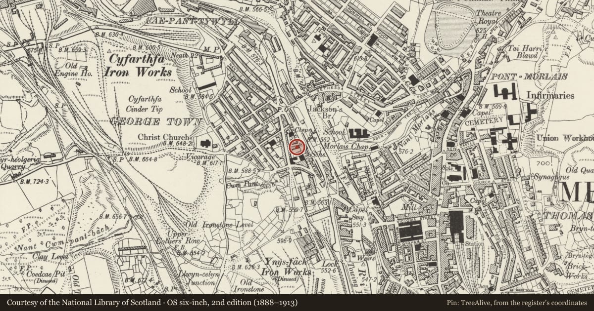 Ordnance Survey six-inch map, 2nd edition (1888–1913) covering the location of 9-9AB Dynevor Street, Park, Merthyr Tydfil, with a pin at the register's coordinates