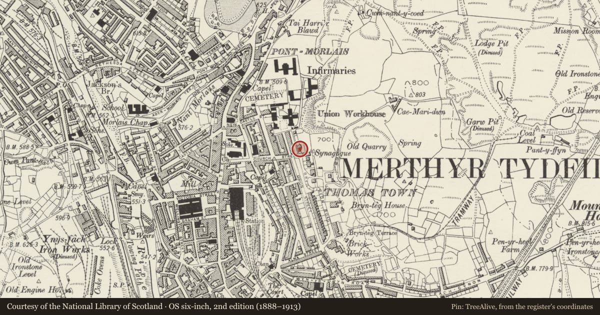 Ordnance Survey six-inch map, 2nd edition (1888–1913) covering the location of Primrose Hill, Town, Merthyr Tydfil, with a pin at the register's coordinates