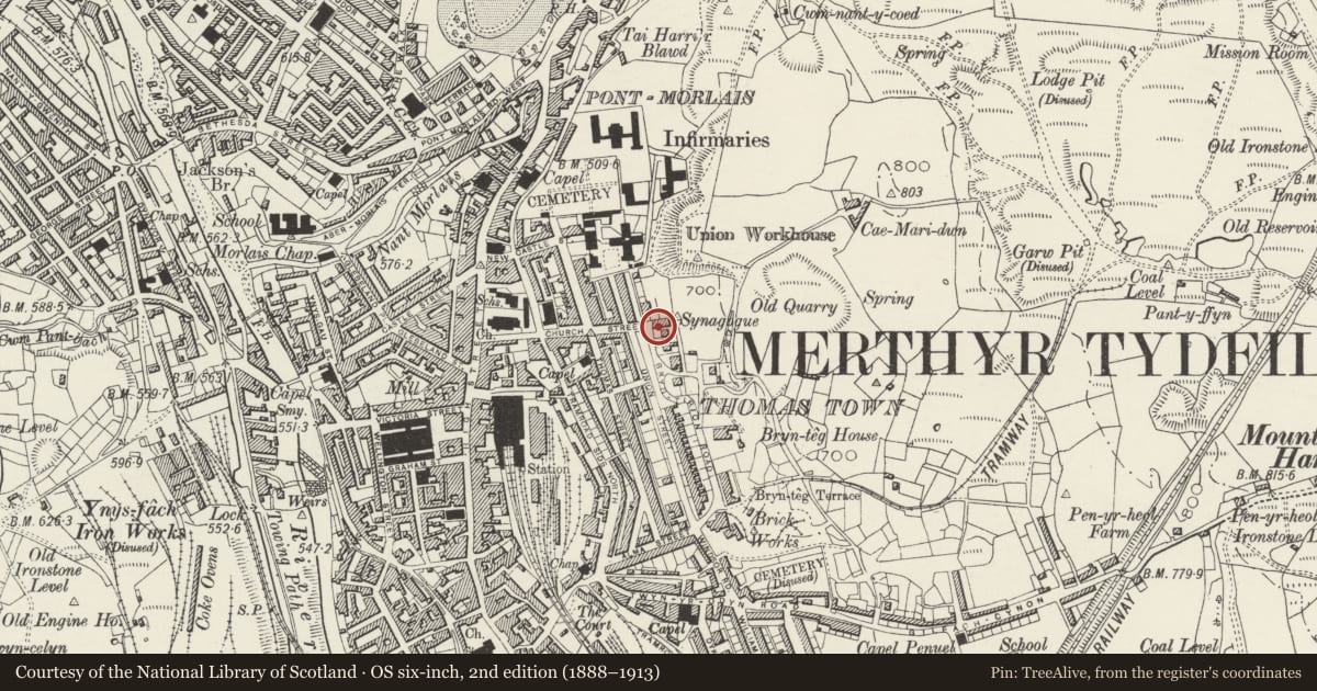 Ordnance Survey six-inch map, 2nd edition (1888–1913) covering the location of Merthyr Christian Centre, Town, Merthyr Tydfil, with a pin at the register's coordinates
