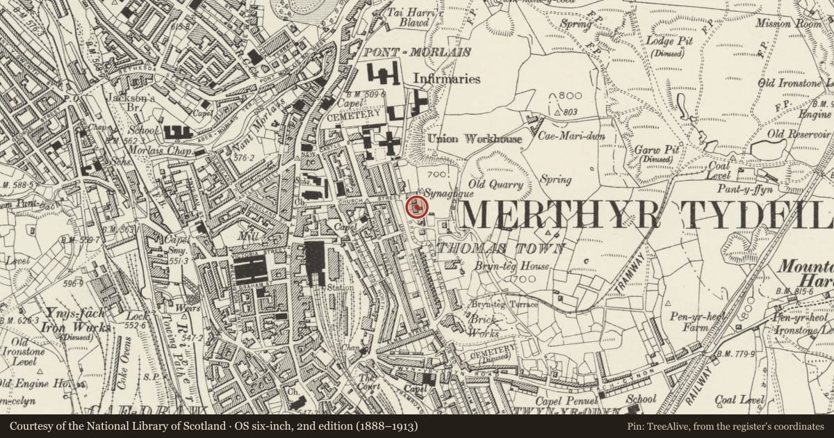Ordnance Survey six-inch map, 2nd edition (1888–1913) covering the location of Bryn Heulog, Town, Merthyr Tydfil, with a pin at the register's coordinates