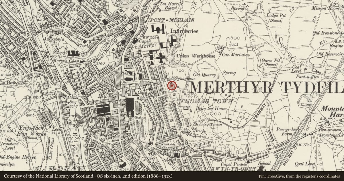 Ordnance Survey six-inch map, 2nd edition (1888–1913) covering the location of Sunny Bank, Town, Merthyr Tydfil, with a pin at the register's coordinates
