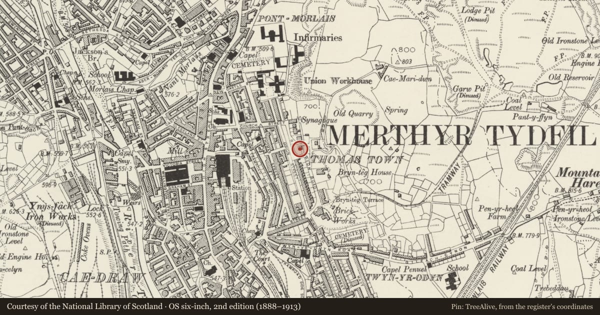 Ordnance Survey six-inch map, 2nd edition (1888–1913) covering the location of The Rectory, Town, Merthyr Tydfil, with a pin at the register's coordinates