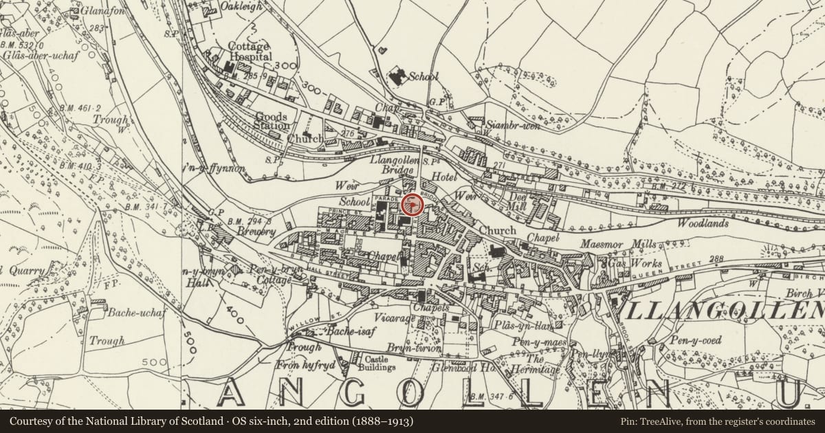Ordnance Survey six-inch map, 2nd edition (1888–1913) covering the location of Pillar Box on the pavement outside the Town Hall, Llangollen, Denbighshire, with a pin at the register's coordinates