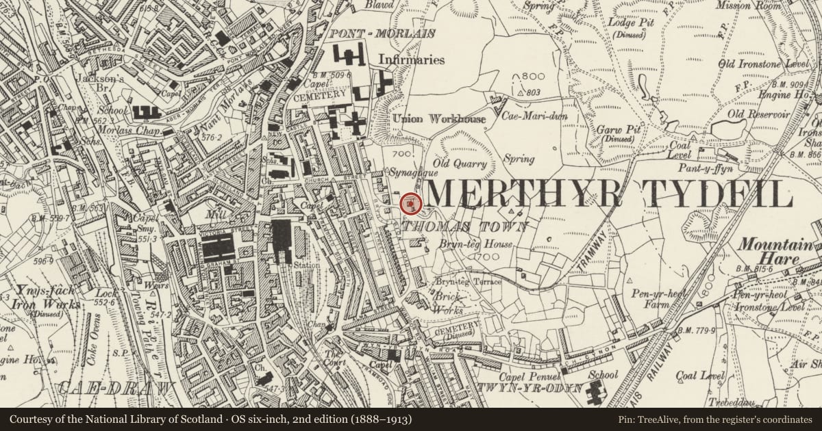 Ordnance Survey six-inch map, 2nd edition (1888–1913) covering the location of Springfield Villa, Town, Merthyr Tydfil, with a pin at the register's coordinates