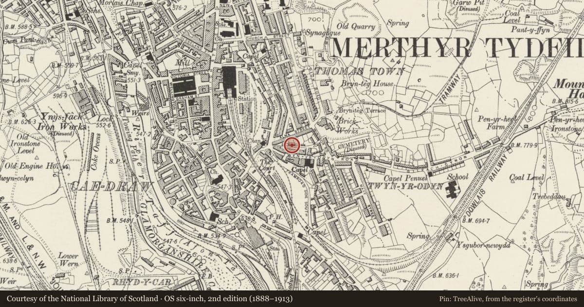 Ordnance Survey six-inch map, 2nd edition (1888–1913) covering the location of 7 Coedcae'r Court, Town, Merthyr Tydfil, with a pin at the register's coordinates