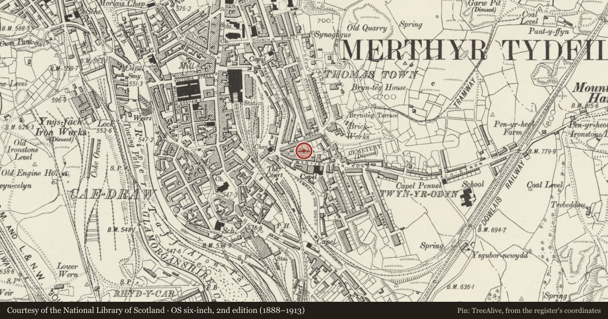 Ordnance Survey six-inch map, 2nd edition (1888–1913) covering the location of 9 Coedcae'r Court, Town, Merthyr Tydfil, with a pin at the register's coordinates