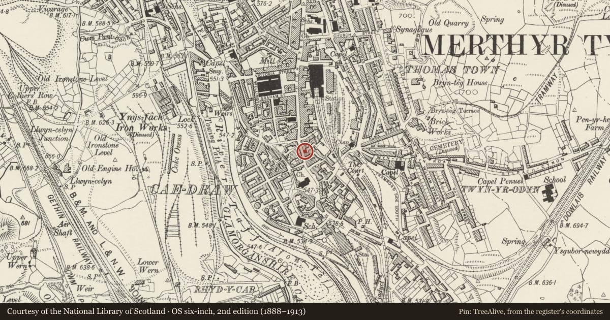 Ordnance Survey six-inch map, 2nd edition (1888–1913) covering the location of Crown Inn, Town, Merthyr Tydfil, with a pin at the register's coordinates