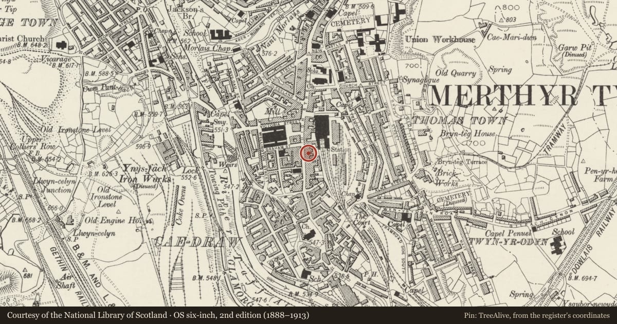 Ordnance Survey six-inch map, 2nd edition (1888–1913) covering the location of Barclay's Bank, Town, Merthyr Tydfil, with a pin at the register's coordinates
